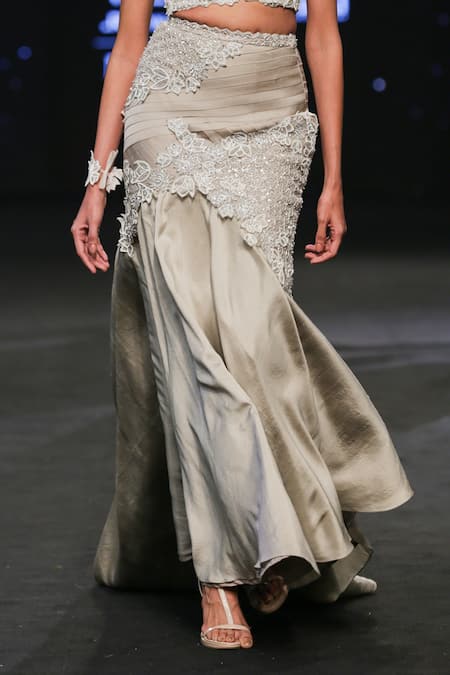 Disha Patil Grey Crepe, Organza, Silk Placement Lotus Embroidered Skirt With Corset Blouse Online at Aza Fashions Disha Patil_Grey Crepe, Organza, Silk Placement Lotus Embroidered Skirt With Corset Blouse _Online_at_Aza_Fashions