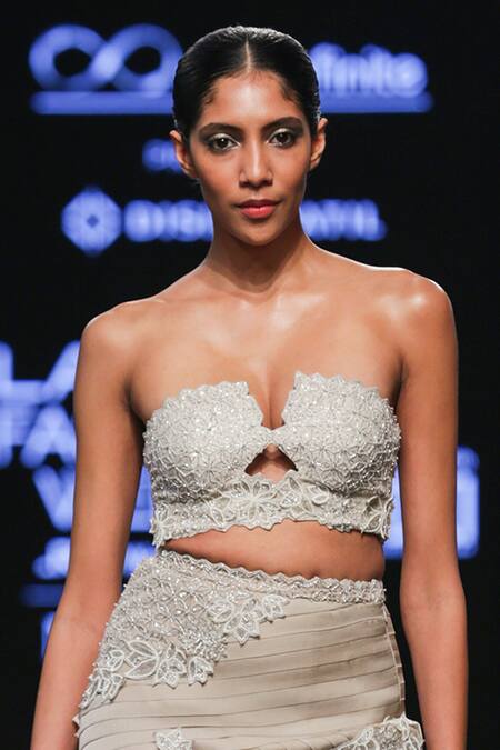 Buy Disha Patil Grey Crepe, Organza, Silk Placement Lotus Embroidered Skirt With Corset Blouse Online at Aza Fashions Buy_Disha Patil_Grey Crepe, Organza, Silk Placement Lotus Embroidered Skirt With Corset Blouse _Online_at_Aza_Fashions