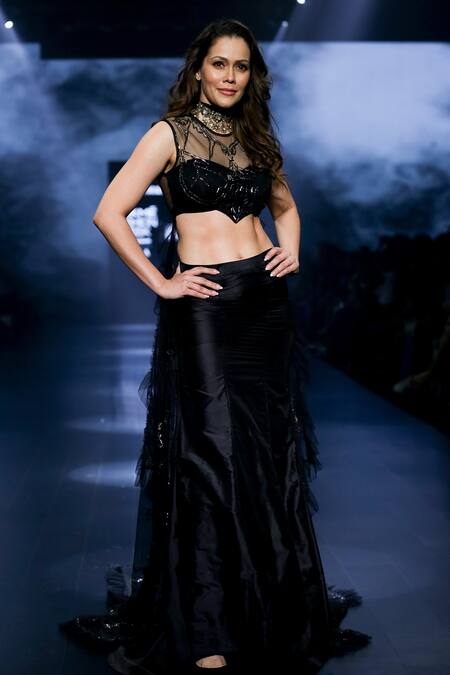 Rina Dhaka Black Silk Embroidered Gunmetal Beads Round Blouse Fishtail Skirt Set Online at Aza Fashions Rina Dhaka_Black Silk Embroidered Gunmetal Beads Round Blouse Fishtail Skirt Set _Online_at_Aza_Fashions