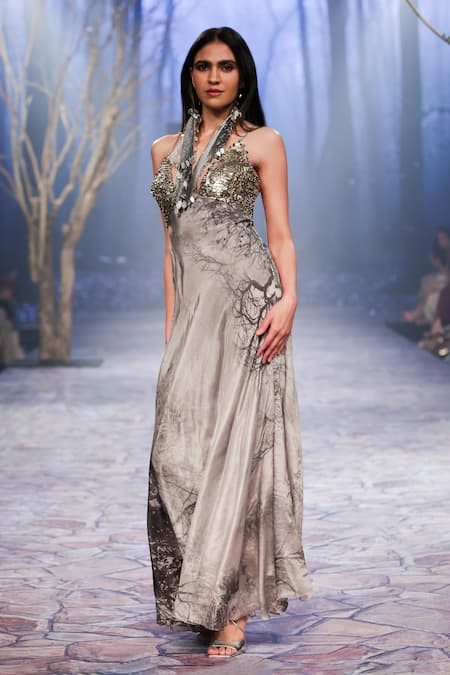 Buy_Nirmooha_Off White Crepe Sequins Plunge Neck Abstract Print Maxi Dress _Online_at_Aza_Fashions