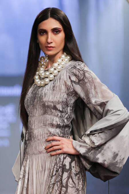Nirmooha_Off White Crepe Embroidery Open Neck Abstract Print Bomber Jacket _at_Aza_Fashions