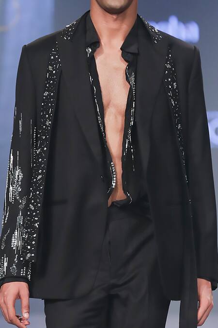 Shop_Nirmooha_Black Satin Sequins Hand Embroidered Blazer With Belt _Online_at_Aza_Fashions