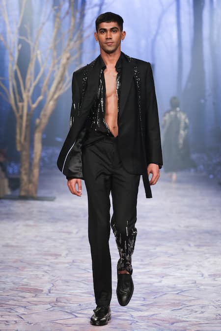 Nirmooha_Black Satin Sequins Hand Embroidered Blazer With Belt _at_Aza_Fashions