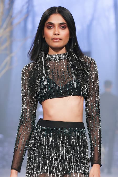 Buy_Nirmooha_Black Net Sequins, Beads High Neck Embroidered Crop Top _Online_at_Aza_Fashions