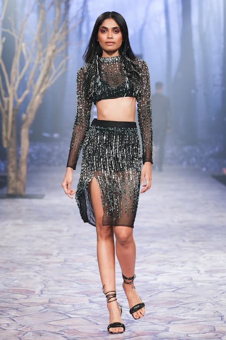 Buy_Nirmooha_Black Net Sequins, Beads Embroidered Short Skirt _Online_at_Aza_Fashions