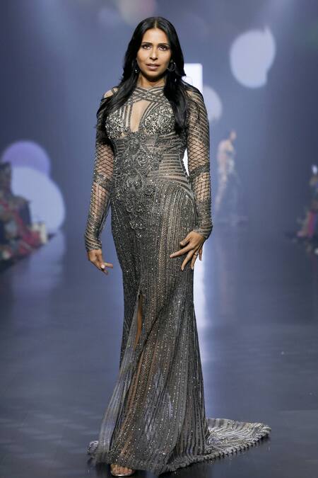 Saisha Shinde_Grey Net Hand Embroidered Crystals Round Evening Gown  _at_Aza_Fashions