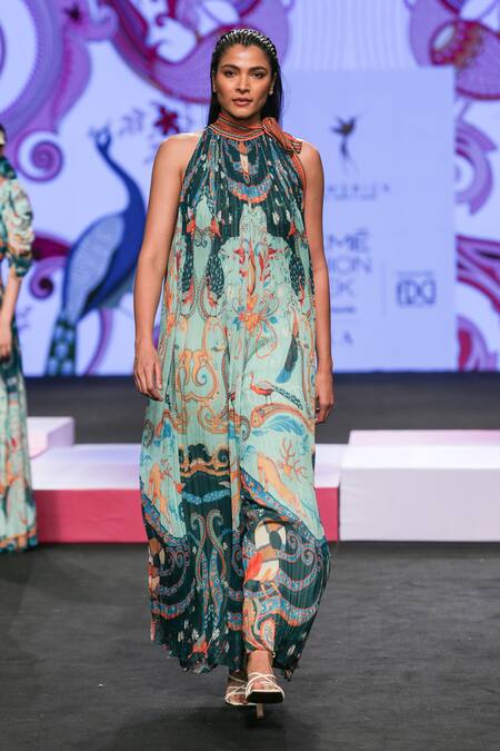 Shop Limerick By Abirr N' Nanki Multi Color Georgette Embroidery Halter Neck Keya Peacock Print Pleated Jumpsuit Online at Aza Fashions Shop_Limerick By Abirr N' Nanki_Multi Color Georgette Embroidery Halter Neck Keya Peacock Print Pleated Jumpsuit _Online_at_Aza_Fashions