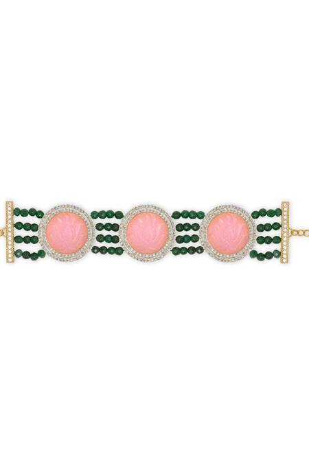 Mnsh Pink Crystals, Beads Lotus Carved Stone Encrusted Bracelet Online at Aza Fashions Mnsh_Pink Crystals, Beads Lotus Carved Stone Encrusted Bracelet _Online_at_Aza_Fashions