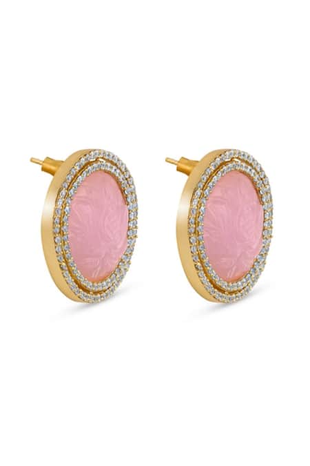 Mnsh_Pink Stones Lotus Embellished Stud Earrings _Online_at_Aza_Fashions