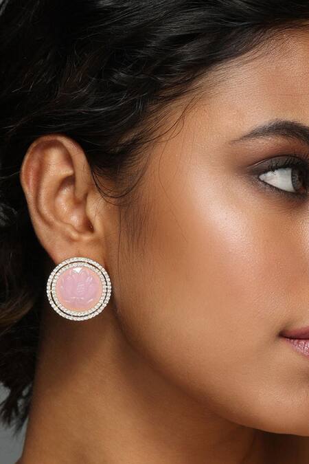 Buy_Mnsh_Pink Stones Lotus Embellished Stud Earrings _Online_at_Aza_Fashions