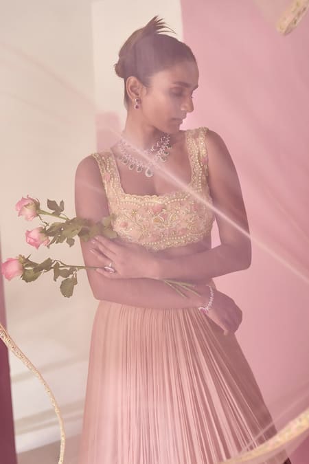 Ridhi Mehra Pink Blouse - Net Lehenga - Chiffon Naahiyah Ruched Skirt Set Online at Aza Fashions Ridhi Mehra_Pink Blouse - Net Lehenga - Chiffon Naahiyah Ruched Skirt Set _Online_at_Aza_Fashions