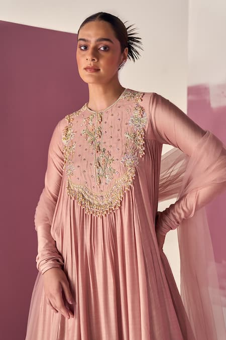 Shop Ridhi Mehra Pink Anarkali Fine Silk Jaajim Long With Ruffle Hem Dupatta Online at Aza Fashions Shop_Ridhi Mehra_Pink Anarkali Fine Silk Jaajim Long With Ruffle Hem Dupatta _Online_at_Aza_Fashions