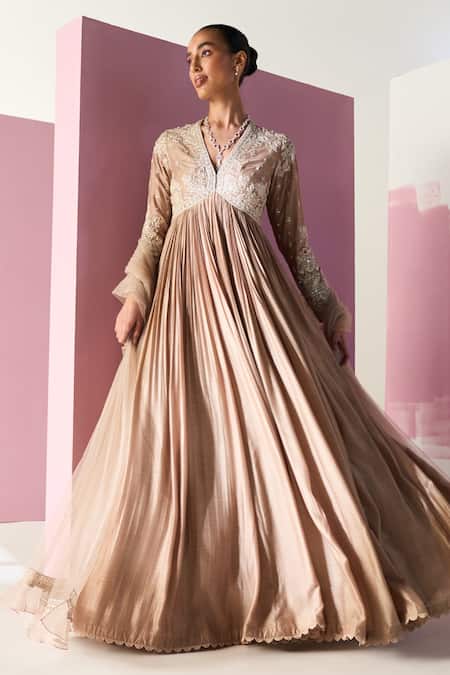 Ridhi Mehra_Beige Anarkali Fine Silk Maahrukh With Ruffled Hem Dupatta  _Online_at_Aza_Fashions