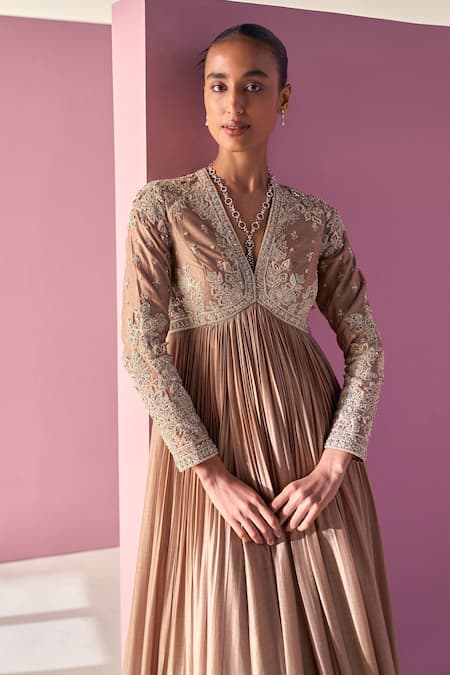 Buy_Ridhi Mehra_Beige Anarkali Fine Silk Maahrukh With Ruffled Hem Dupatta  _Online_at_Aza_Fashions