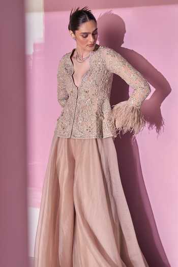 Ridhi Mehra_Pink Peplum Net Embroidered Floral V Neck Elnaz Top And Sharara Set  _Online_at_Aza_Fashions