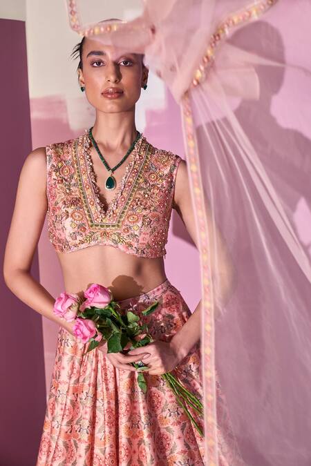 Ridhi Mehra_Pink Blouse And Lehenga Raw Silk Printed Floral V Lail Flower Set  _Online_at_Aza_Fashions