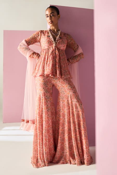 Ridhi Mehra Pink Peplum And Gharara Chiffon Printed Floral V Neck Laiqa Top Set Online at Aza Fashions Ridhi Mehra_Pink Peplum And Gharara Chiffon Printed Floral V Neck Laiqa Top Set _Online_at_Aza_Fashions