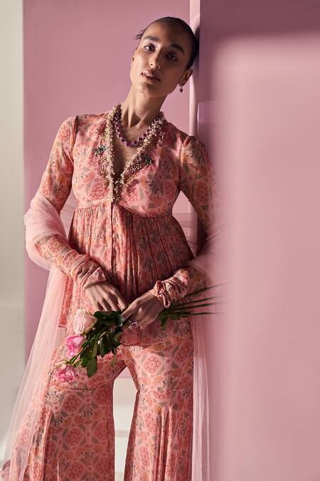 Buy Ridhi Mehra Pink Peplum And Gharara Chiffon Printed Floral V Neck Laiqa Top Set Online at Aza Fashions Buy_Ridhi Mehra_Pink Peplum And Gharara Chiffon Printed Floral V Neck Laiqa Top Set _Online_at_Aza_Fashions