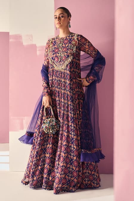 Ridhi Mehra_Blue Anarkali Chiffon Printed Floral V Saaja Pleated With Dupatta  _Online_at_Aza_Fashions