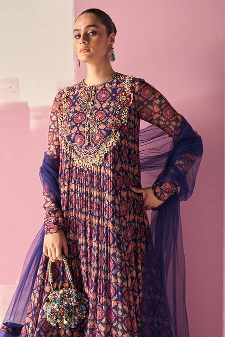 Buy_Ridhi Mehra_Blue Anarkali Chiffon Printed Floral V Saaja Pleated With Dupatta  _Online_at_Aza_Fashions