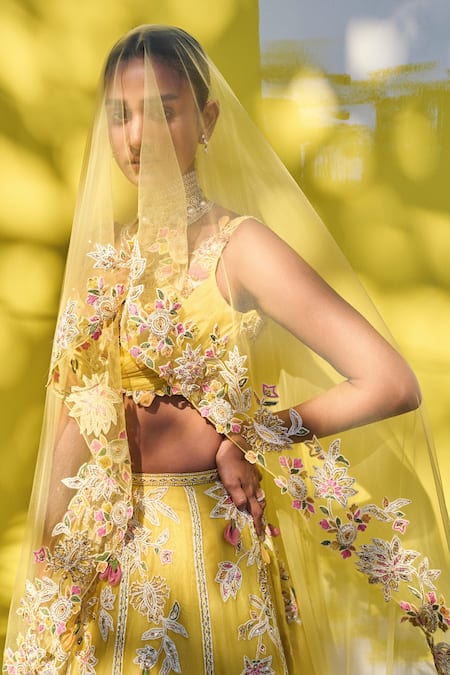 Buy Ridhi Mehra Yellow Blouse - Net/organza Lehenga - Lahya Bridal Pleated Set Online at Aza Fashions Buy_Ridhi Mehra_Yellow Blouse - Net/organza Lehenga - Lahya Bridal Pleated Set _Online_at_Aza_Fashions