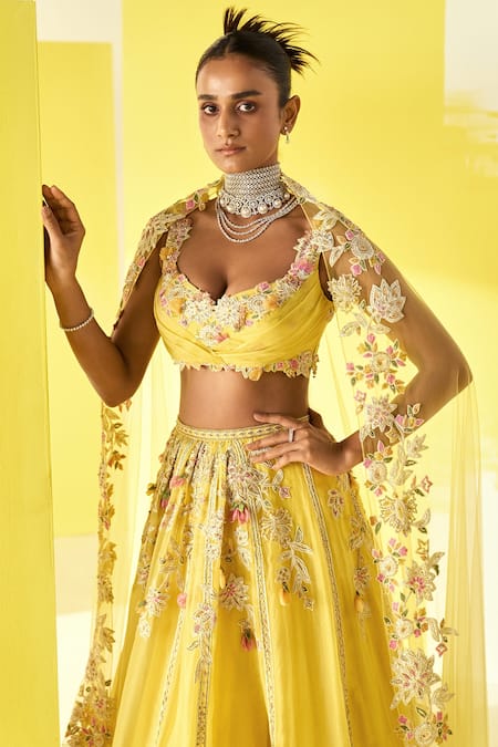 Shop Ridhi Mehra Yellow Blouse - Net/organza Lehenga - Lahya Bridal Pleated Set Online at Aza Fashions Shop_Ridhi Mehra_Yellow Blouse - Net/organza Lehenga - Lahya Bridal Pleated Set _Online_at_Aza_Fashions