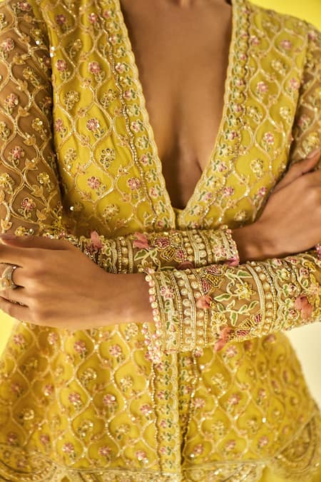 Buy_Ridhi Mehra_Yellow Peplum Net Embroidery Bead Deep V Neck Aafeh Top Sharara Set  _Online_at_Aza_Fashions