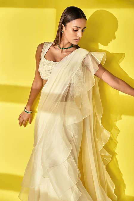 Buy Ridhi Mehra Ivory Saree Chiffon/organza Aafa Pre-draped Ruffle With Blouse Online at Aza Fashions Buy_Ridhi Mehra_Ivory Saree Chiffon/organza Aafa Pre-draped Ruffle With Blouse _Online_at_Aza_Fashions