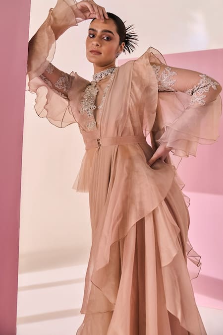 Ridhi Mehra_Beige Saree Maaziya Pre-draped Ruffle With Net Blouse  _Online_at_Aza_Fashions