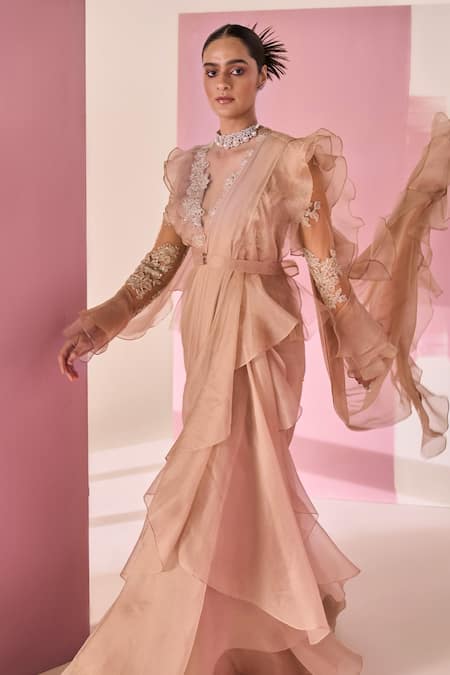 Buy_Ridhi Mehra_Beige Saree Maaziya Pre-draped Ruffle With Net Blouse  _Online_at_Aza_Fashions