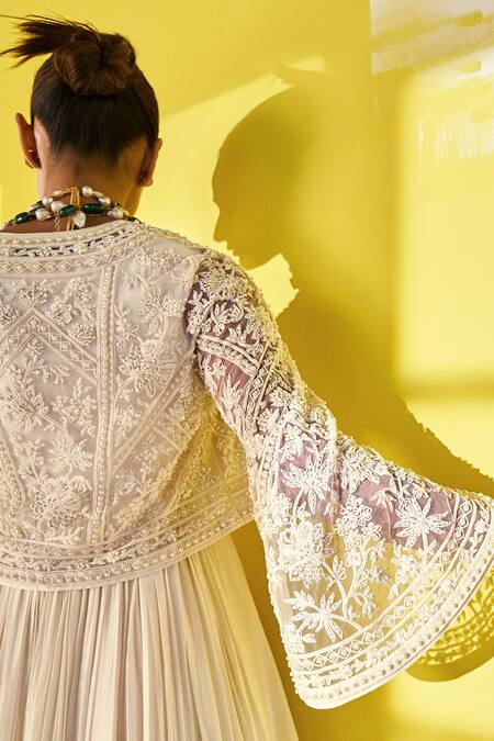 Shop_Ridhi Mehra_Ivory Anarkali Fine Silk Embroidered Dafiya With Short Jacket  _Online_at_Aza_Fashions
