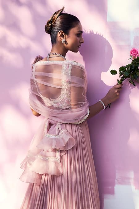 Shop Ridhi Mehra Pink Blouse - Net Lehenga - Chiffon Naahiyah Ruched Skirt Set Online at Aza Fashions Shop_Ridhi Mehra_Pink Blouse - Net Lehenga - Chiffon Naahiyah Ruched Skirt Set _Online_at_Aza_Fashions