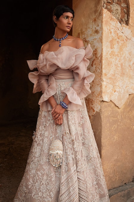 Ridhi Mehra_Peach Top  Organza Embroidered Floral Zarra Ruffle And Lehenga Set  _Online_at_Aza_Fashions