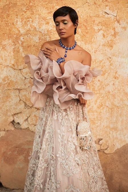 Buy_Ridhi Mehra_Peach Top  Organza Embroidered Floral Zarra Ruffle And Lehenga Set  _Online_at_Aza_Fashions