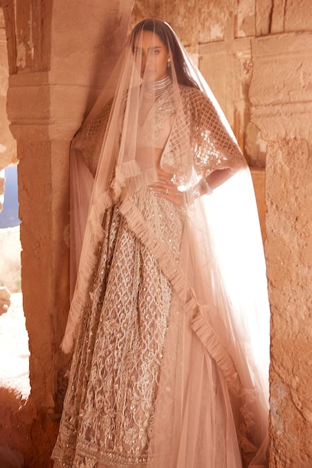 Buy_Ridhi Mehra_Peach Cape  Net Embroidered Floral V Neck Heer And Lehenga Set  _Online_at_Aza_Fashions