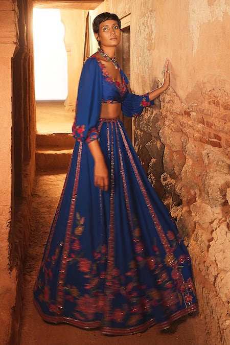 Buy_Ridhi Mehra_Blue Blouse Georgette Embroidery Floral Adaj Floweret Lehenga Set  _Online_at_Aza_Fashions