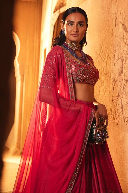 Ridhi Mehra_Pink Blouse Net Embroidery Floral Zuhr Bloom Bridal Lehenga Set  _Online_at_Aza_Fashions