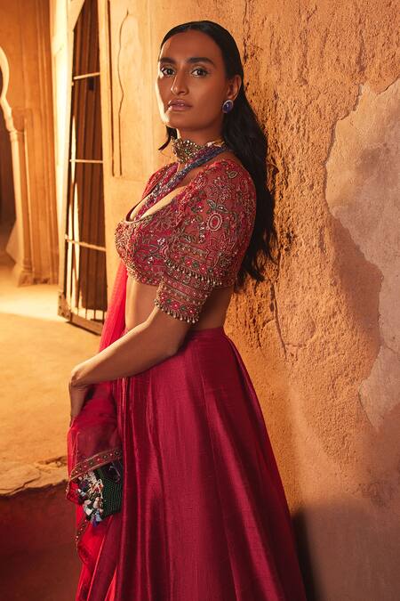 Buy_Ridhi Mehra_Pink Blouse Net Embroidery Floral Zuhr Bloom Bridal Lehenga Set  _Online_at_Aza_Fashions