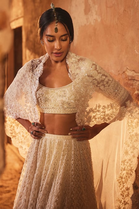 Buy_Ridhi Mehra_Ivory Net Embroidered Floral Round Mir Bridal Lehenga Set  _Online_at_Aza_Fashions