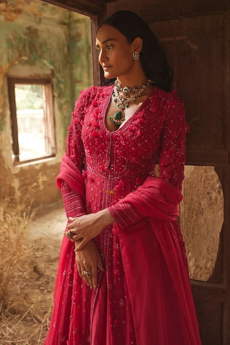 Ridhi Mehra_Pink Anarkali Georgette Embroidery Floral V Hasrat With Dupatta  _Online_at_Aza_Fashions