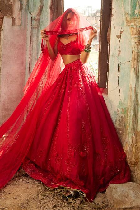 Ridhi Mehra Red Net, Organza Sequins, Embroidery Zeeana Flower Bloom Bridal Lehenga Set Online at Aza Fashions Ridhi Mehra_Red Net, Organza Sequins, Embroidery Zeeana Flower Bloom Bridal Lehenga Set _Online_at_Aza_Fashions