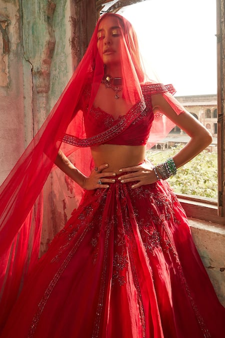 Buy Ridhi Mehra Red Net, Organza Sequins, Embroidery Zeeana Flower Bloom Bridal Lehenga Set Online at Aza Fashions Buy_Ridhi Mehra_Red Net, Organza Sequins, Embroidery Zeeana Flower Bloom Bridal Lehenga Set _Online_at_Aza_Fashions