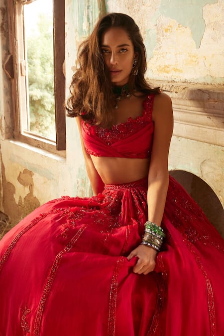 Shop Ridhi Mehra Red Net, Organza Sequins, Embroidery Zeeana Flower Bloom Bridal Lehenga Set Online at Aza Fashions Shop_Ridhi Mehra_Red Net, Organza Sequins, Embroidery Zeeana Flower Bloom Bridal Lehenga Set _Online_at_Aza_Fashions