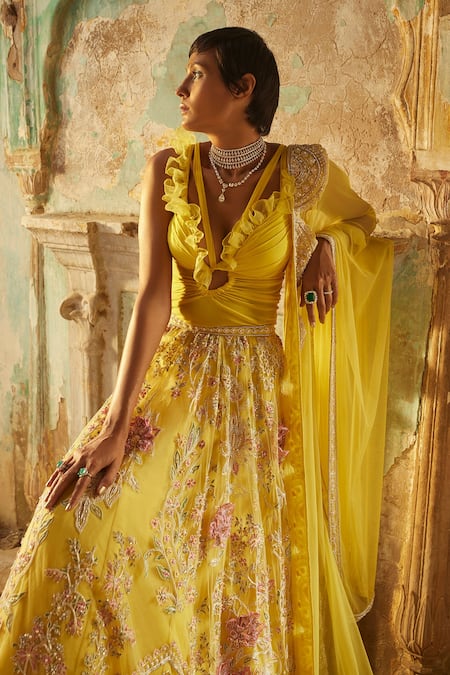Ridhi Mehra Yellow Bodysuit Georgette Embroidery Raha Flower Vine Lehenga And Set Online at Aza Fashions Ridhi Mehra_Yellow Bodysuit Georgette Embroidery Raha Flower Vine Lehenga And Set _Online_at_Aza_Fashions