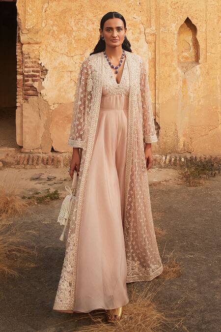 Ridhi Mehra_Peach Jumpsuit  Organza Shiraj And Bell Sleeve Jacket Set  _Online_at_Aza_Fashions