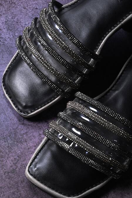 Miraki_Black Embellished Strappy Rhinestone Flats _Online_at_Aza_Fashions