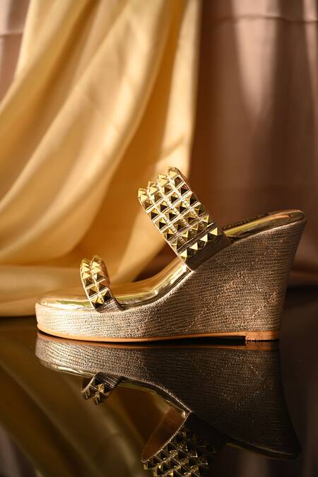 Miraki_Gold Embellished Stud Wedges _Online_at_Aza_Fashions