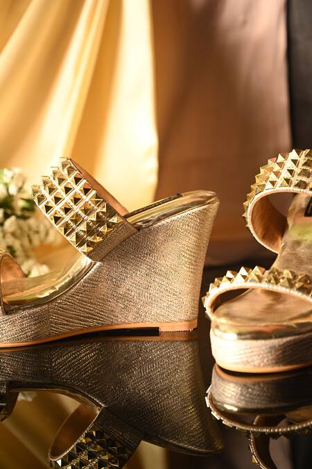 Buy_Miraki_Gold Embellished Stud Wedges _Online_at_Aza_Fashions