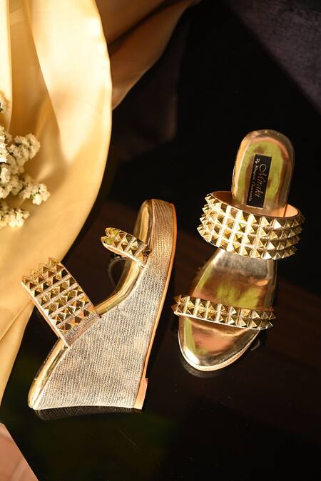 Shop_Miraki_Gold Embellished Stud Wedges _Online_at_Aza_Fashions