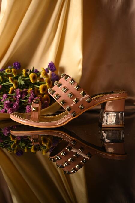 Miraki_Beige Embellished Stud Block Heels _Online_at_Aza_Fashions